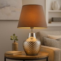 Beistellleuchte Tischlampe Nachttischleuchte Led Textil Grau Keramik Chrom