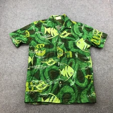 Vintage Go Barefoot Shirt Mens Medium Green Hawaiian Fish Aloha Button Up 90s