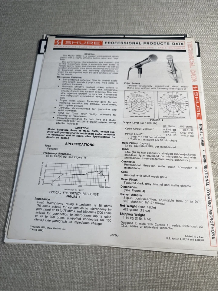 Lote de hojas de datos y especificaciones SHURE. Ver fotos Foto 3 de 4