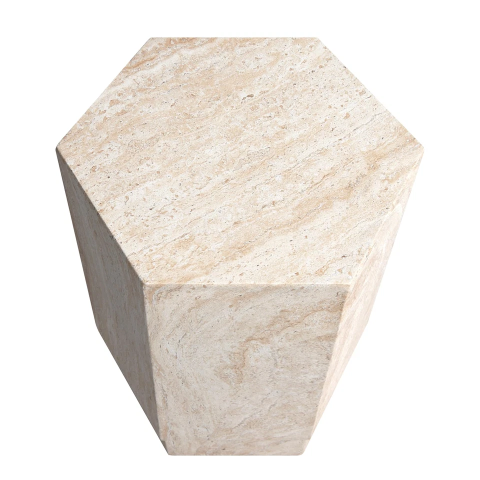 Hexagonal Travertine Stone Finish Italian Design MgO Side Accent Table, Livin... - Image 3 of 4