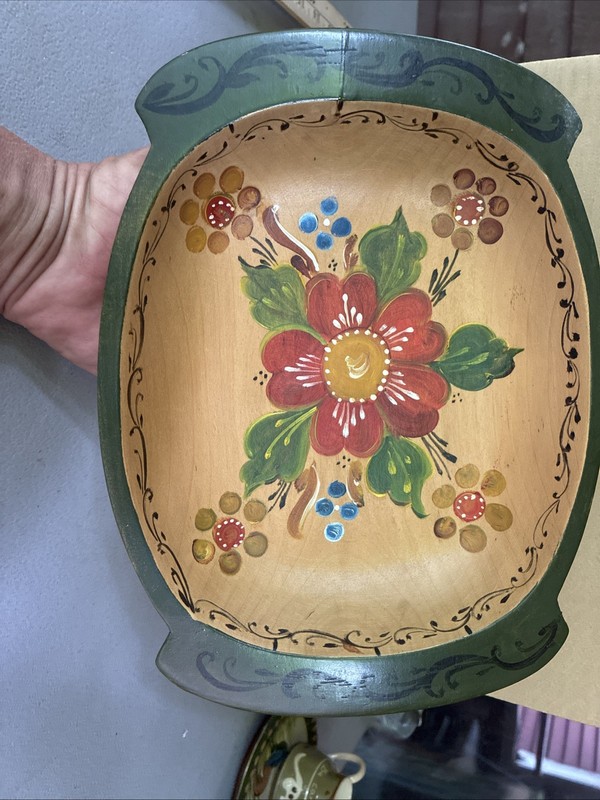 Norwegian Rosemaling Wooden Bowl Folk Art Painted Floral VTG