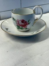 Meissen Pink Rose Coffee Cup and Saucer Feathered Handle