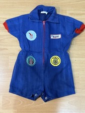 Vintage Dot-Spot Mechanic On Duty Romper 18 Mos Blue Patch Coverall Baby Outfit