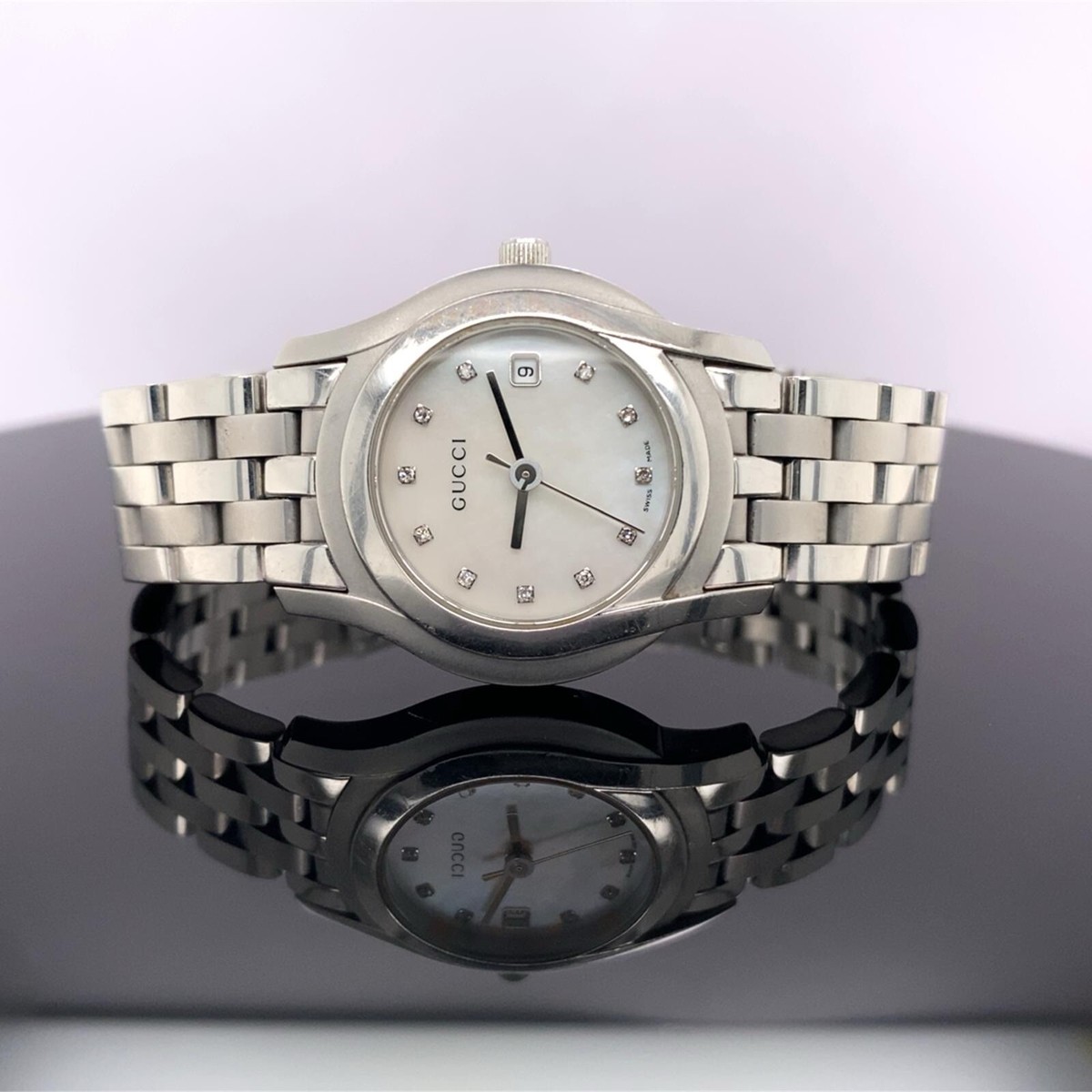 Gucci 5505 27mm SS Mother of Pearl 11 Diamond Ladies Watch $2000