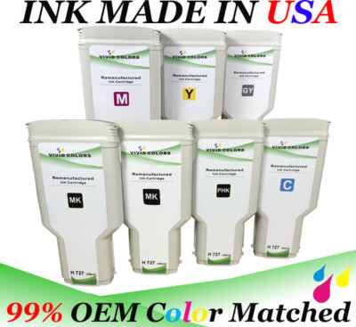 7 Reman HP727 300ML Cartridges For HP T1500 Printer With 2 MK