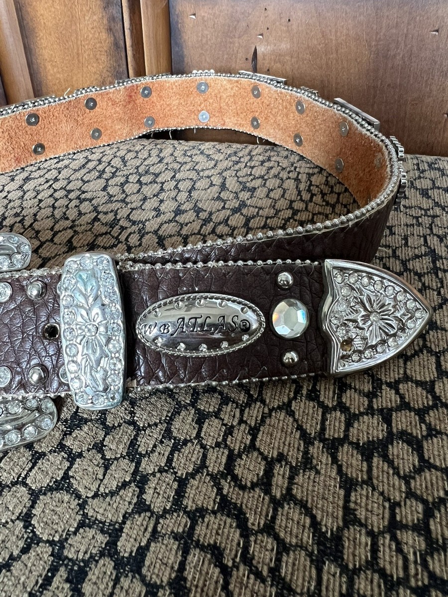 W B ATLAS Belt BLING Brown M turquoise crosses And Lots Of 