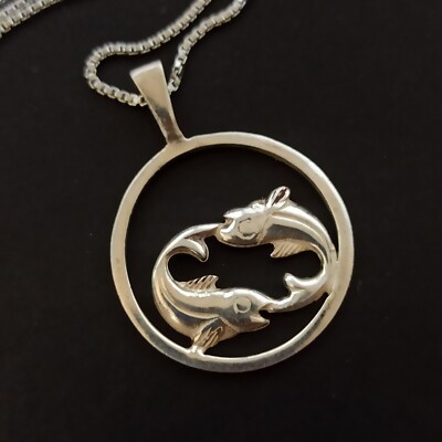 Vintage Pisces Zodiac Necklace 925 Silver Men Women Round