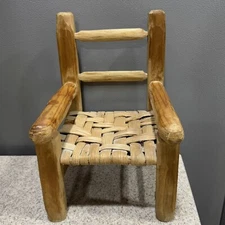 Vtg Handmade Wood “Hickory Bark” Doll/Bear Chair 10”x6.75” Cane Seat in VGC