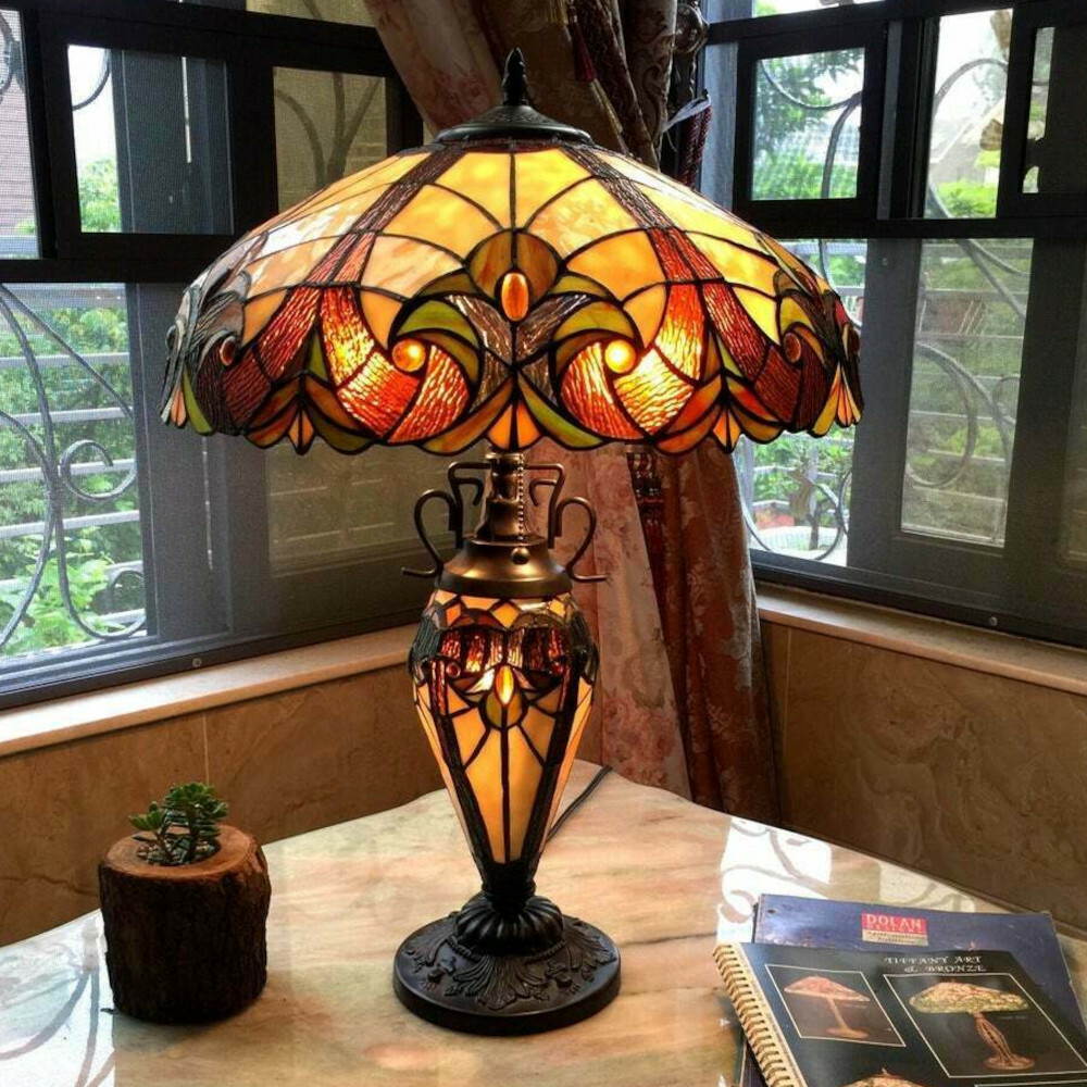 Tiffany Style Victorian Theme Stained Glass Double Lit Table