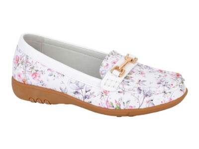 Boulevard L643G Damen Leder Smart Weiß Blumenmuster Sattelbesatz Halbschuhe