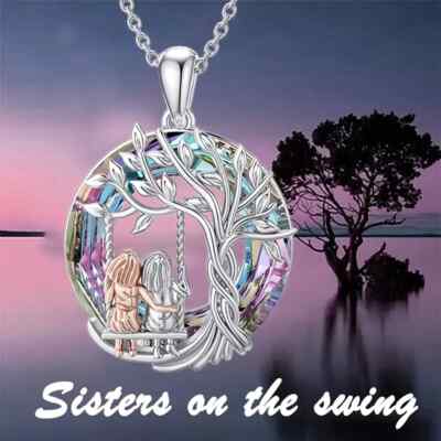 Sisters on Swing Tree of Life Pendant Necklace Two Toned Sisters Friends Gift