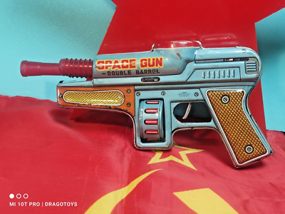 VINTAGE SPACE GUN DOUBLE BARREL 522 MF 861 FRICTION POWERED TIN