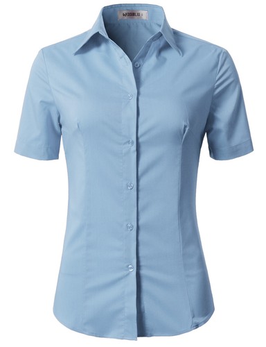 Womens Button Down Shirt Basic SLIM FIT Simple Short Sleeve Collared S010 - Picture 5 of 95
