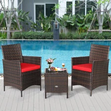 Patiojoy 3PCS Patio Rattan Furniture Set Coffee Table Cushioned Sofa Seat Red