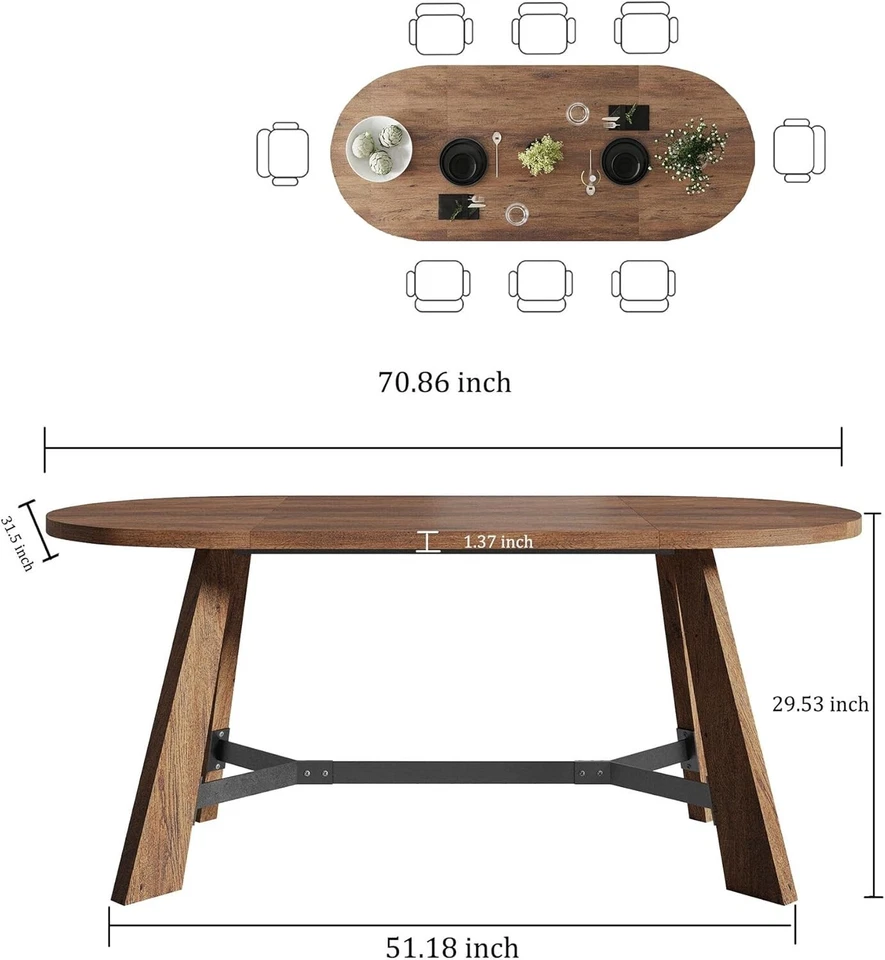 70.86" Oval Dining Table for 6-8 People Wood Kitchen Table Breakfast Furniture - Image 2 of 4