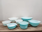 Set if 7 Vintage Pyrex Amish Butterprint Cinderella Mixing Bowls Turquoise White