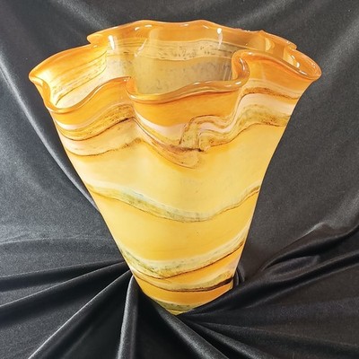 Vintage Handkerchief Vase Gold,Brown Marbel swirl Large Murano Style Art Glas