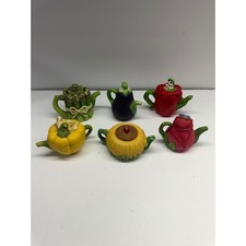 Miniature Ceramic Teapot Set of 6 Vegetable and Flower Garden Collectibles