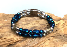 Men's Women's Magnetic Hematite Blue Silver Double Bracelet Healing