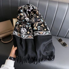 Black Floral Embroidered Scarf Shawl Wrap Fringed Soft Warm Cashmere Feel Winter