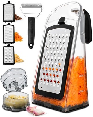 Cheese Grater with Garlic Crusher- Box Grater Vegetable Shredder with 3 Stainles