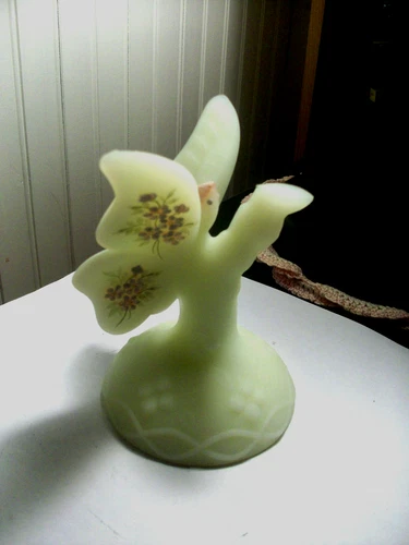 Vintage FENTON butterfly on branch custard satin glass sugar crystal flowers