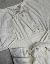 New Free People Dress Womens Medium Beige Boho Peasant Cotton Gathered Buttons