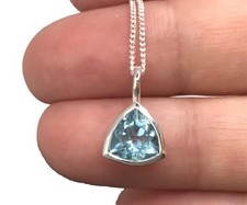 Blue topaz pendant, solid Sterling Silver trillion Trilliant 8mm. Necklace. Box.