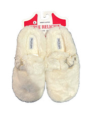 True Religion Women's White Faux Fur Lined Slip-On Slippers Logo Rhinestone L8/9