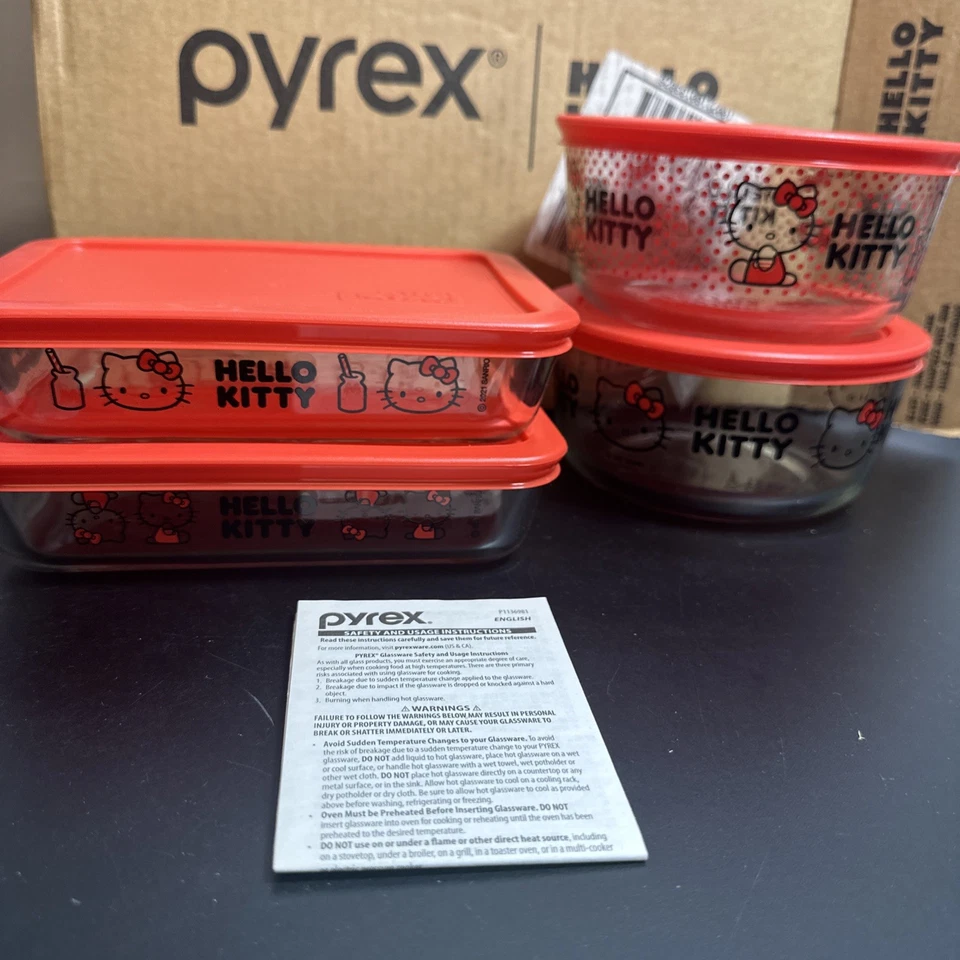 Pyrex Hello Kitty 8-piece Glass Food Storage Container Set with Lids 3 & 4 Cup - Image 2 of 4