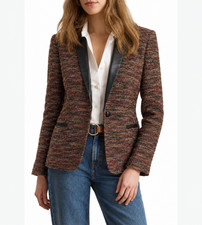 Lafayette 148 Blazer sz 14 Petite Chest 42" Brown Tweed Weave w/ Leather Trim