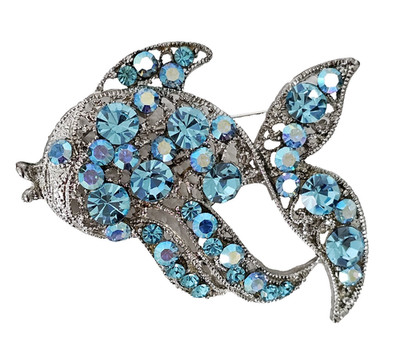 Vtg Silver Tone Filigree Blue Aurora Borealis Rhinestone Angelfish Brooch Pin 2''