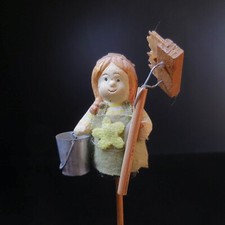 Figurine Mounted on Rod Woman Household Wood Ceramic Metal Fabric Handmade N6191
