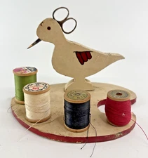 Vintage Wooden Bird Duck Sewing Caddy Scissor & Thread Cream Red Folk Art