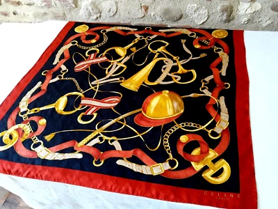N23 FOULARD CARRE soie damassé CELINE PARIS 86x86cm EQUESTRIAN SILK SQUARE SCARF - Photo 1/4