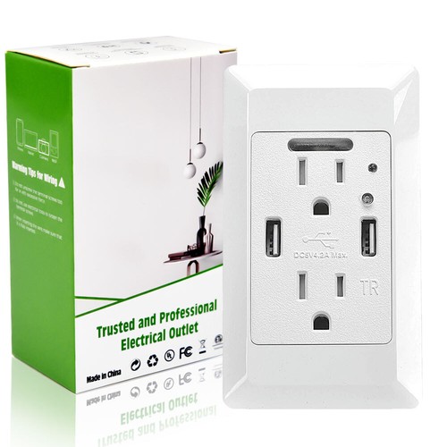 Wall USB Charger Receptacle Outlet with LED Night Light Tamper-Resistant w/Plate