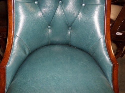 Frontgate Bradford Tufted Blue Leather Barstool BAR 30" Wood Counter Stool - Picture 3 of 7