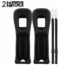 2X Black Silicone Skin Case Cover With Wrist Strap For Nintendo Wii Remote N670