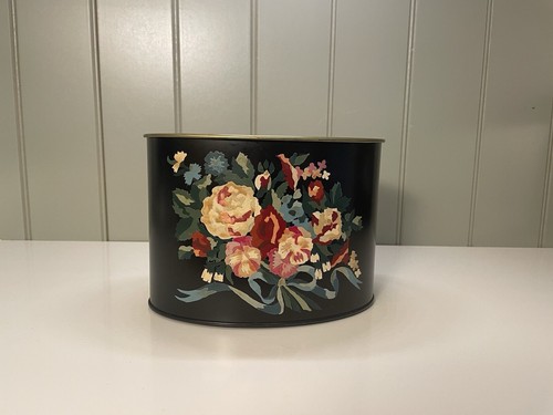 VTG Toleware Black/multicolor Hand Painted floral tin planter/bin