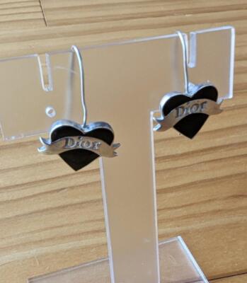 Christian Dior Heart Shaped Logo Hook Earrings Black Silver 925