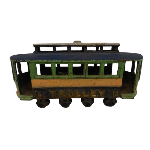 Vintage Cast Iron Trolley #14 Green Peach Blue Paint 8 Wheels 8" - Picture 10 of 18