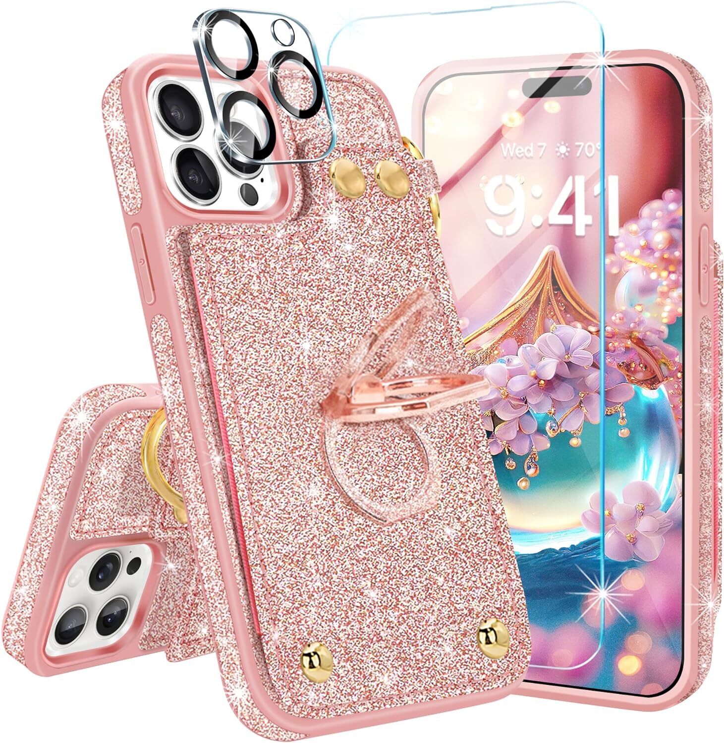 for iPhone 15 Pro Max Wallet Case[with Card Holder][1*Screen Protector+Camera Pr