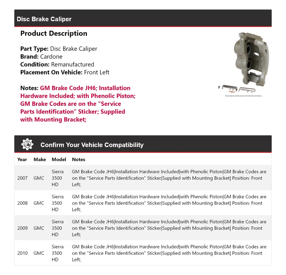 For 2007-2010 GMC Sierra 3500 HD Disc Brake Caliper Front Left Cardone 2008 2009 - Image 2 of 4