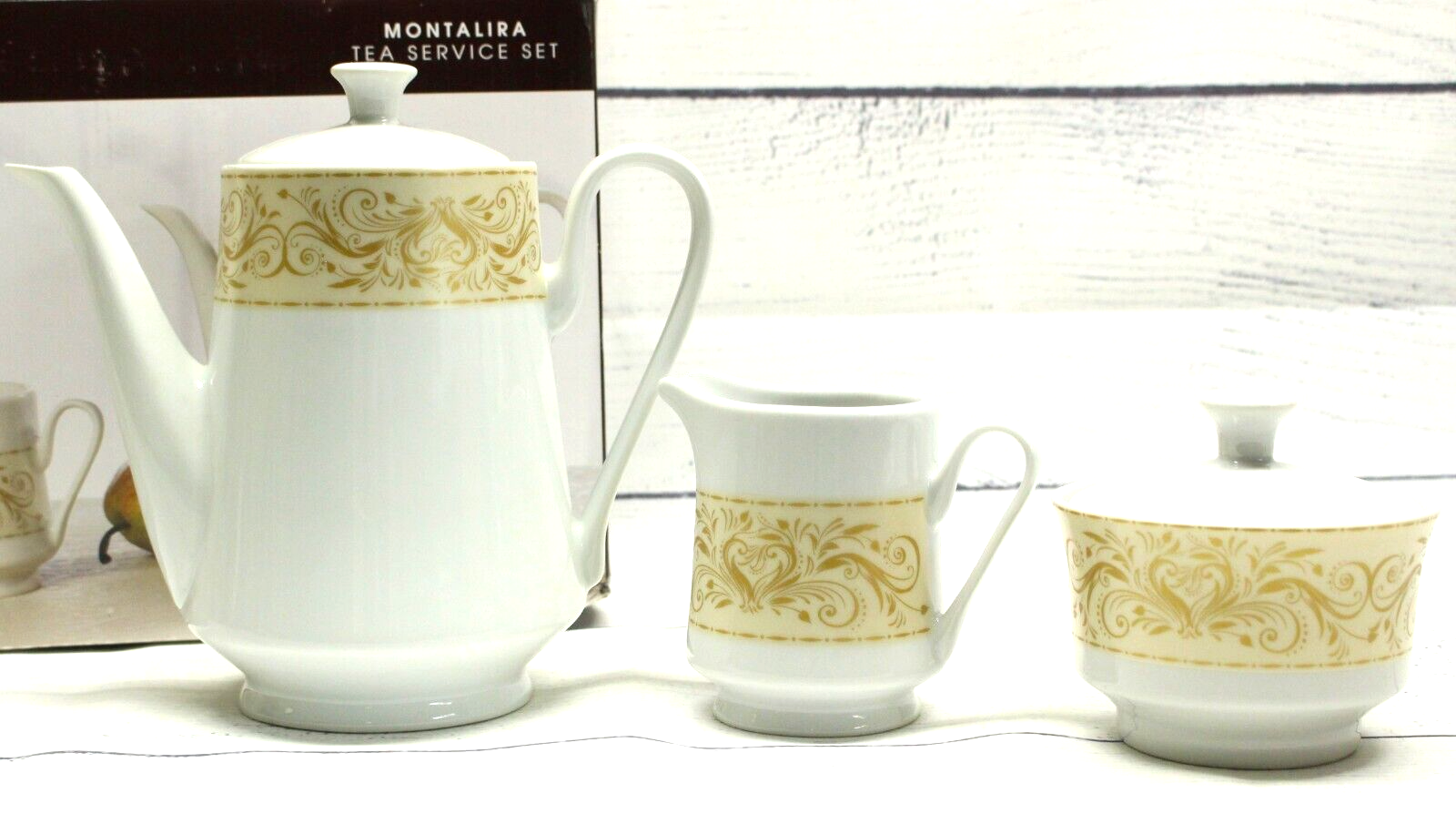 Chris Madden Gold Swirl 3 Piece Tea Set NOS Open Box Vintage JCPenney