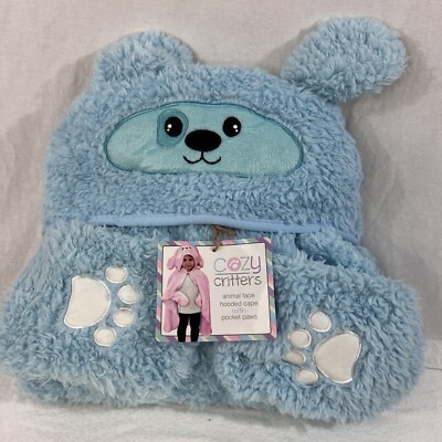 NWT Cozy Critters Animal Face Hooded Cape Personal Blanket With Pocket Paws Blue