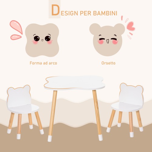 HOMCOM Set Tavolino con 2 Sedie per Bambini a Forma di Orsetto in Legno Bianco - Foto 6 di 10