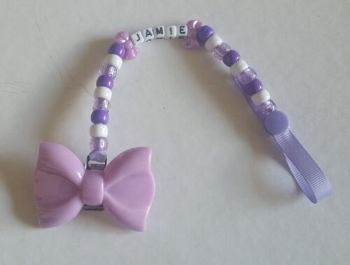 BABY GIRL LARGE LILAC BLING BOW PERSONALISED DUMMY SAVER  HOLDER CLIP - Picture 1 of 2