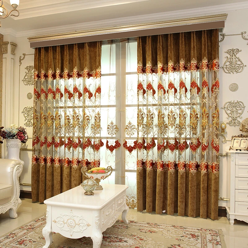 European embroidered chenille yellow Hollow-out curtain tulle valance  M1379 - Image 2 of 4