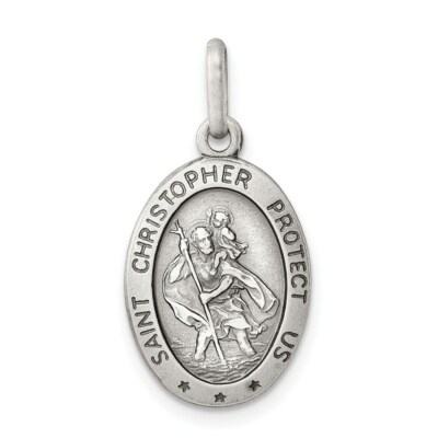 Sterling Silver St. Saint Christopher Oval Medal Pendant 0.99''
