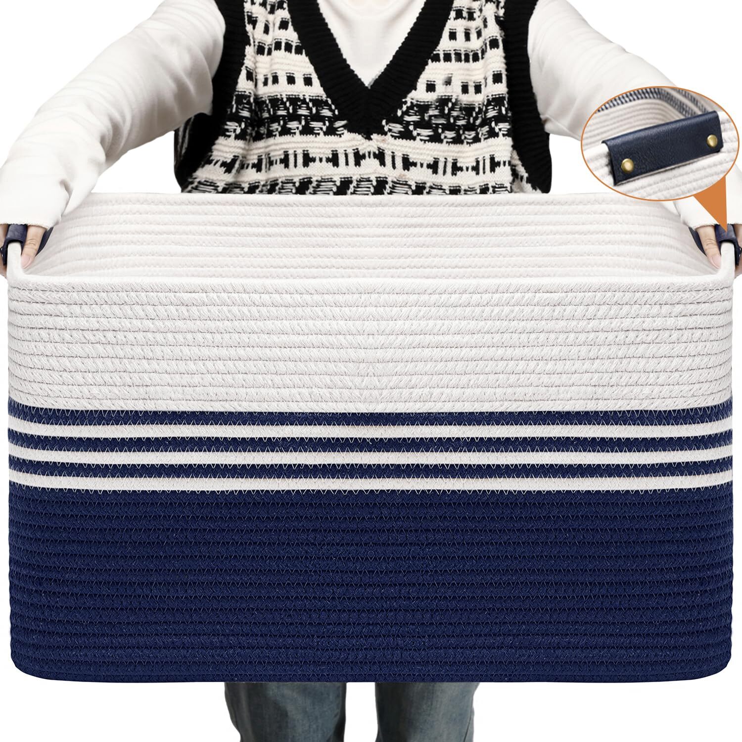 Storage Baskets - Large Blanket Basket Living Room with Leather Handles Baske...-image